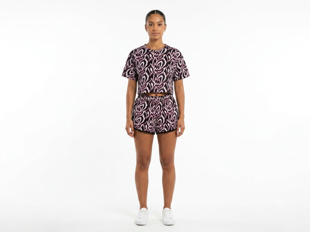 Black & Burgundy Printed Crop Top & Shorts