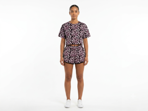 Black & Burgundy Printed Crop Top & Shorts